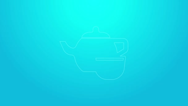 Pink line Traditional Chinese tea ceremony icon isolated on blue background. Teapot with cup. 4K Video motion graphic animation — Stock Video