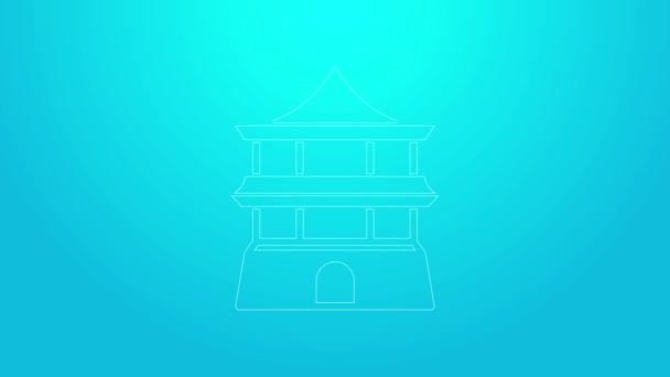 Pink line Traditional chinese house icon isolated on blue background. 4K Video motion graphic animation — Stock Video