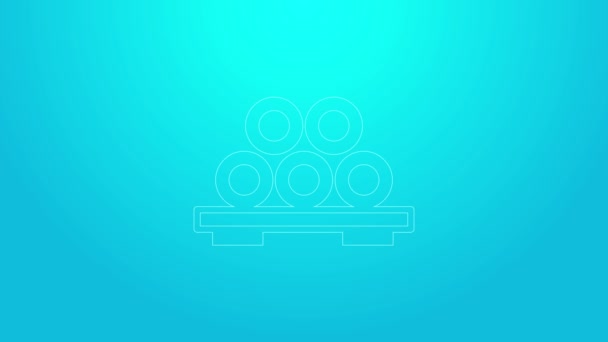 Sushi línea rosa en el icono de la tabla de cortar aislado sobre fondo azul. Sushi de comida asiática sobre tabla de madera. Animación gráfica de vídeo 4K — Vídeos de Stock