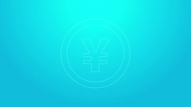 Línea rosa Yuan chino símbolo de moneda icono aislado sobre fondo azul. Dinero de monedas. Signo de moneda bancaria. Símbolo efectivo. Animación gráfica de vídeo 4K — Vídeo de stock