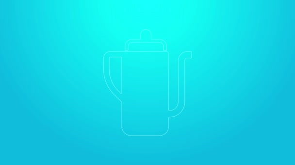 Pink line Traditional Chinese tea ceremony icon isolated on blue background. Teapot with cup. 4K Video motion graphic animation — Stock Video