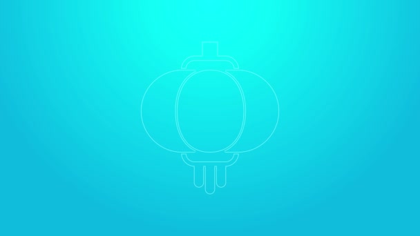 Pink line Chinese paper lantern icon isolated on blue background. 4K Video motion graphic animation — Stock Video