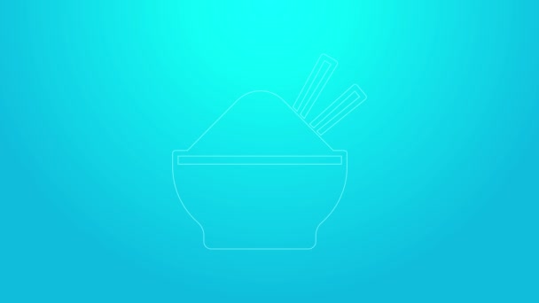 Roze lijn Rijst in een kom met eetstokpictogram geïsoleerd op blauwe achtergrond. Traditioneel Aziatisch eten. 4K Video motion grafische animatie — Stockvideo