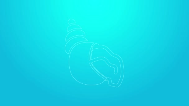 Pink line Scallop sea shell icon isolated on blue background. Seashell sign. 4K Video motion graphic animation — Stock Video