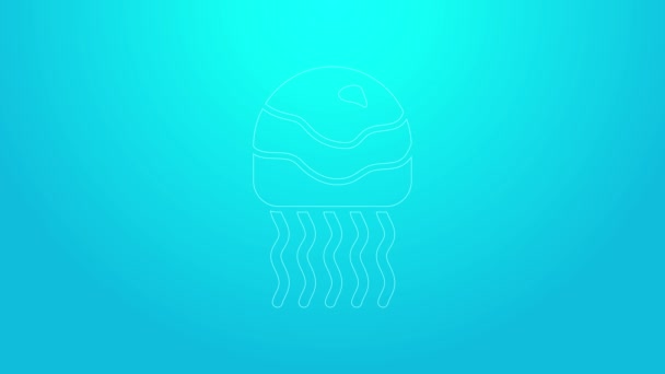 Pink line Jellyfish icon isolated on blue background. 4K Video motion graphic animation — Stock Video