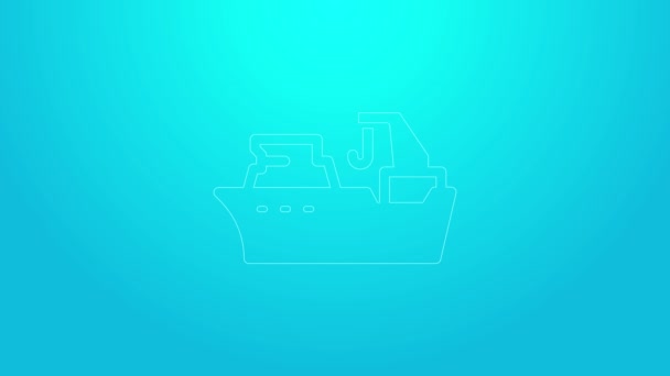 Pink line Fishing boat icon isolated on blue background. Fishing trawler. 4K Video motion graphic animation — Stock Video