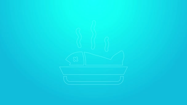 Pink line Served fish on a plate icon isolated on blue background. 4K Video motion graphic animation — Stock Video