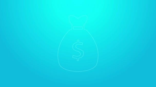 Pink line Money bag icon isolated on blue background. Dollar or USD symbol. Cash Banking currency sign. 4K Video motion graphic animation — Stock Video