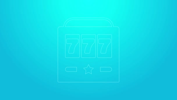 Línea Rosa Ranura de la máquina con suerte sietes jackpot icono aislado sobre fondo azul. Animación gráfica de vídeo 4K — Vídeo de stock