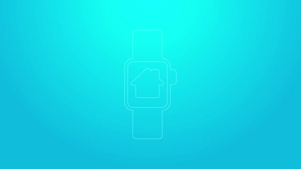 Rosa Linie Smart Home mit Smartwatch-Symbol isoliert auf blauem Hintergrund. Fernbedienung. 4K Video Motion Grafik Animation — Stockvideo