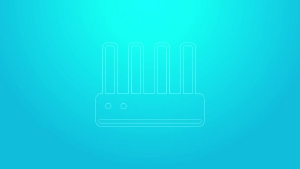 핑크 라인 라우터와 와이파이 신호 아이콘은 파란 배경에 분리되어 있습니다. 무선 인터넷 연결 라우터. 컴퓨터 기술 인터넷. 4K 비디오 모션 그래픽 애니메이션 — 비디오