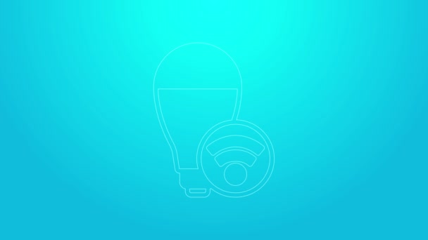 Ligne rose Intelligente icône du système d'ampoule isolé sur fond bleu. Énergie et symbole d'idée. Concept d'Internet des objets avec connexion sans fil. Animation graphique de mouvement vidéo 4K — Video