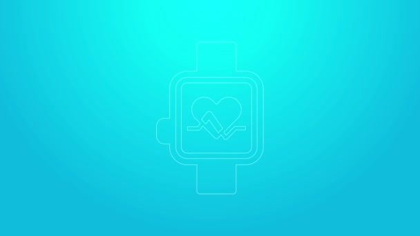 Pink line Smart watch showing heart beat rate icon isolated on blue background. Fitness App concept. 4K Video motion graphic animation — Stock Video