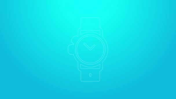 Línea rosa icono del reloj de muñeca aislado sobre fondo azul. Icono del reloj de pulsera. Animación gráfica de vídeo 4K — Vídeo de stock