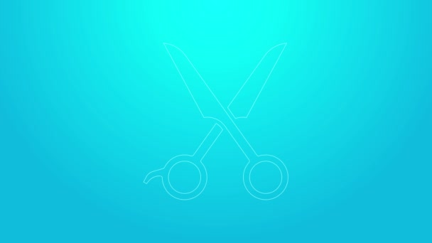 Pink line Scissors hairdresser icon isolated on blue background. Hairdresser, fashion salon and barber sign. Barbershop symbol. 4K Video motion graphic animation — Stock Video