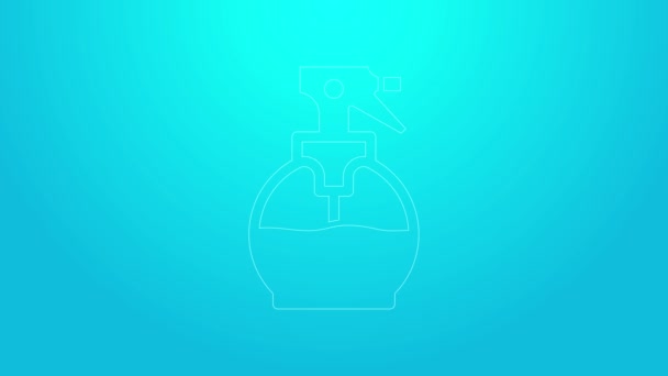 Pinke Linie Friseurpistole Sprühflasche mit Wassersymbol isoliert auf blauem Hintergrund. 4K Video Motion Grafik Animation — Stockvideo