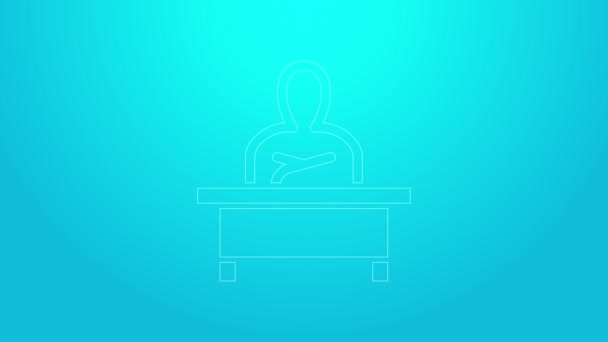 핑크 라인 스콜보이는 파란 배경에 고립된 책상 아이콘 앞에 앉아 있다. 4K 비디오 모션 그래픽 애니메이션 — 비디오