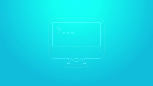 Línea rosa Icono de pantalla de monitor de computadora aislado sobre fondo azul. Dispositivo electrónico. Vista frontal. Animación gráfica de vídeo 4K — Vídeo de stock