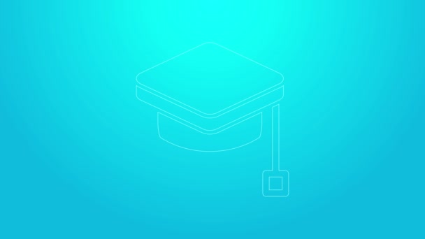Línea rosa Icono de la tapa de graduación aislado sobre fondo azul. Sombrero de graduación con icono de borla. Animación gráfica de vídeo 4K — Vídeo de stock