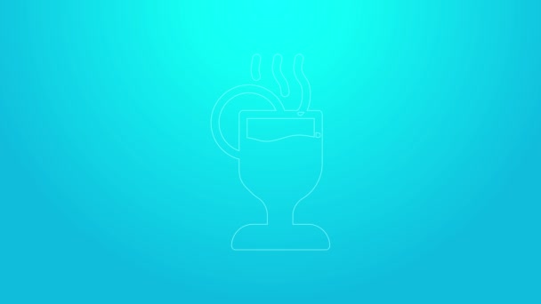 Rosa Linie Glühwein mit einem Glas Getränk und Zutaten Symbol isoliert auf blauem Hintergrund. Zimtstange, Nelke, Zitronenscheibe. 4K Video Motion Grafik Animation — Stockvideo