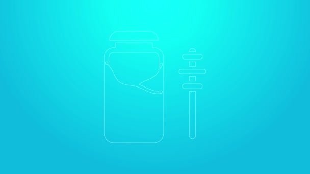 Pink line Jar of honey and honey dipper stick icon isolated on blue background. Food bank. Sweet natural food symbol. Honey ladle. 4K Video motion graphic animation — Stock Video