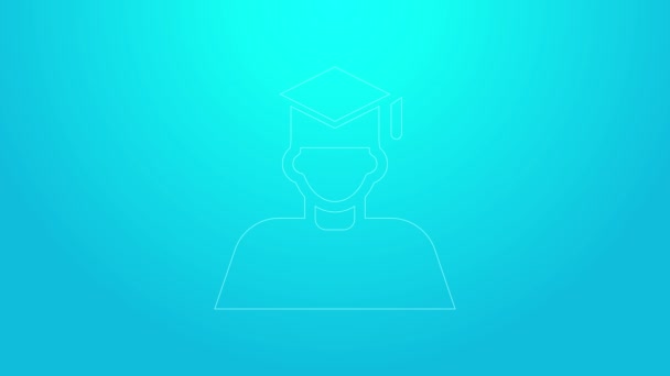 Ligne rose Diplômé et icône de casquette de graduation isolé sur fond bleu. Animation graphique de mouvement vidéo 4K — Video