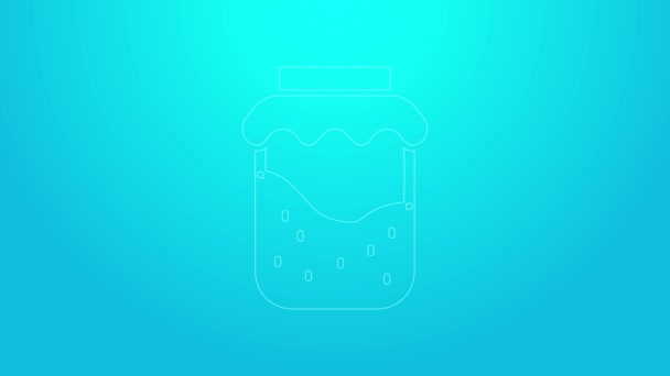 Pink line Jam jar icon isolated on blue background. 4K Video motion graphic animation — Stock Video