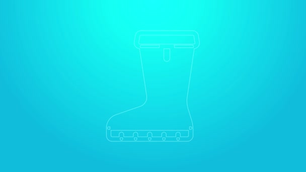 Línea rosa Icono de bota de goma impermeable aislado sobre fondo azul. Botas de goma para el clima lluvioso, la pesca, la jardinería. Animación gráfica de vídeo 4K — Vídeo de stock