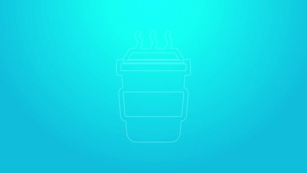 Розовая линия Кофейная чашка, чтобы пойти значок изолирован на синем фоне. Видеографическая анимация 4K — стоковое видео