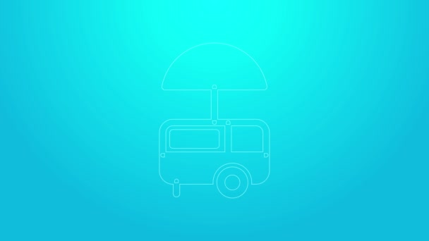 Rózsaszín vonal Fast street food cart napellenző ikon elszigetelt kék háttérrel. Városi kioszk. Jégkrémes kocsi. 4K Videó mozgás grafikus animáció — Stock videók