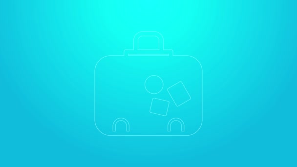 Maleta de línea rosa para icono de viaje aislado sobre fondo azul. Señal de equipaje de viaje. Icono de equipaje de viaje. Animación gráfica de vídeo 4K — Vídeos de Stock