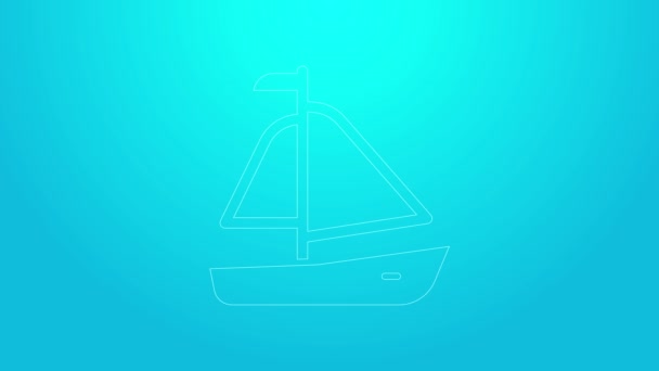 Rosa línea Yate velero o barco de vela icono aislado sobre fondo azul. Navegación en barco de crucero marítimo. Animación gráfica de vídeo 4K — Vídeo de stock