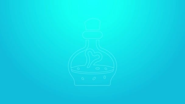 Ligne rose Bouteille avec icône potion isolée sur fond bleu. Flacon avec potion magique. Bonne fête d'Halloween. Animation graphique de mouvement vidéo 4K — Video