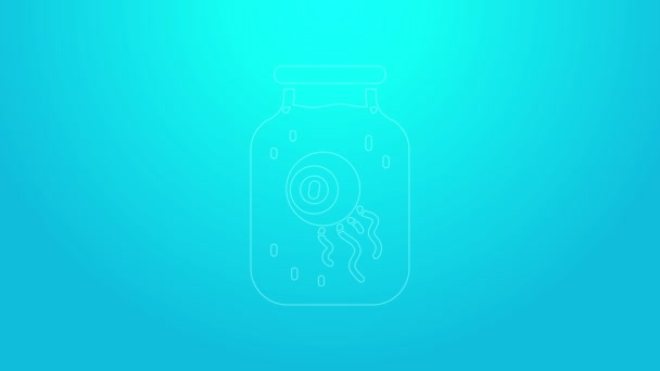 Pink line Eye in a jar icon isolated on blue background. Happy Halloween party. 4K Video motion graphic animation — Stock Video