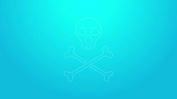 Rosafarbene Linie Totenkopf auf Kreuzknochen Symbol isoliert auf blauem Hintergrund. Frohe Halloween-Party. 4K Video Motion Grafik Animation — Stockvideo