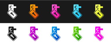 Siyah ve beyaz arkaplanda izole edilmiş ikonu açmak için dijital kapı kilidini kablosuz teknolojiyle ayarla. Kapı kolu tabelası. Güvenlik akıllı ev. Vektör.