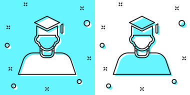 Siyah çizgi mezuniyet ve mezuniyet şapkası simgesi yeşil ve beyaz arka planda izole edildi. Rastgele dinamik şekiller. Vektör.