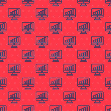 Grafik çizelgesi simgesi olan mavi çizgi bilgisayar monitörü kırmızı arkaplanda izole edilmiş pürüzsüz desen. Metin dosyasını rapor et. Muhasebe tabelası. Denetim, analiz, planlama. Vektör.