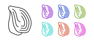 Siyah çizgi midye simgesi beyaz arkaplanda izole edildi. Taze deniz ürünleri. Simgeleri renklendirin. Vektör.