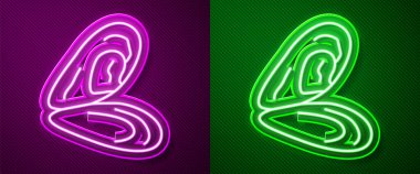 Parlayan neon çizgisi Mussel simgesi mor ve yeşil arkaplanda izole edilmiş. Taze deniz ürünleri. Vektör.