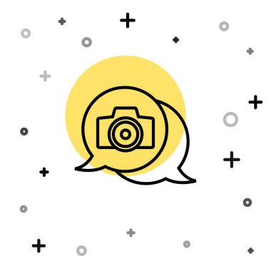 Siyah çizgi fotoğraf makinesi simgesi beyaz arkaplanda izole edildi. Foto kamera. Dijital fotoğrafçılık. Rastgele dinamik şekiller. Vektör.