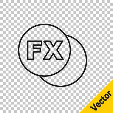 Siyah çizgi kamera fx simgesi şeffaf arkaplanda izole edildi. Foto kamera. Dijital fotoğrafçılık. Vektör.