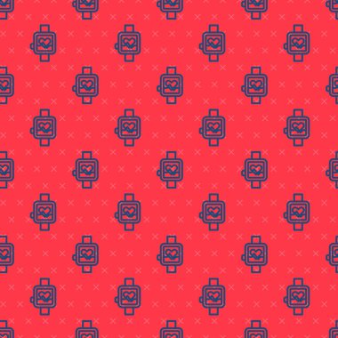 Mavi çizgi, akıllı saat kalp atış hızı simgesini gösteriyor. Kırmızı arkaplanda izole edilmiş pürüzsüz desen. Fitness uygulaması konsepti. Vektör.