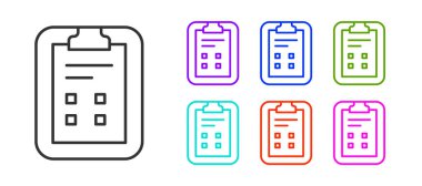 Beyaz arkaplanda işaretleme simgesi olan siyah çizgi sınav kağıdı. Sınav kağıdı, sınav ya da araştırma konsepti. Sınav ya da sınav. Simgeleri renklendirin. Vektör.