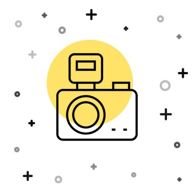 Beyaz arkaplanda aydınlatma simgesi olan siyah çizgi fotoğraf makinesi. Foto kamera. Dijital fotoğrafçılık. Rastgele dinamik şekiller. Vektör.