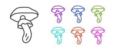 Siyah çizgi Psilocybin mantar ikonu beyaz arkaplanda izole edilmiş. Psikedelik halüsinasyon. Simgeleri renklendirin. Vektör.