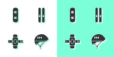 Bisiklet kaskı, Snowboard, dizlik, kayak ve çubuk simgesini ayarlayın. Vektör.