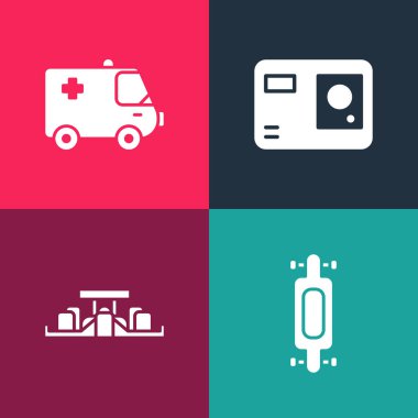 Pop Art Longboard ya da kaykay, Formula 1 yarış arabası, kamera, ambulans ve acil durum ikonu ayarlayın. Vektör.