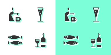 Bardaklı şarap şişesi, bira musluğu, kurutulmuş balık ve bir bardak şampanya ikonu. Vektör.