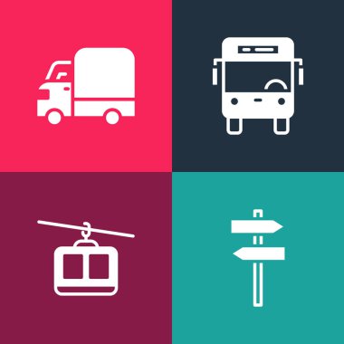 Pop Art Road trafik levhası, kablolu araba, otobüs ve kargo kamyonu ikonu ayarla. Vektör.